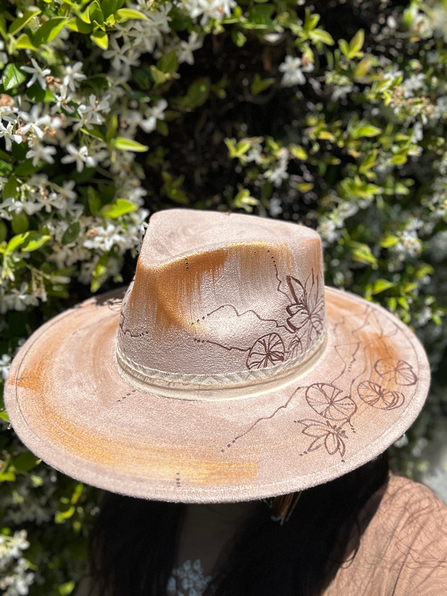 Lucky Koi hat fedora hand engraved, custom, one of a kind, wide brim, unisex hat