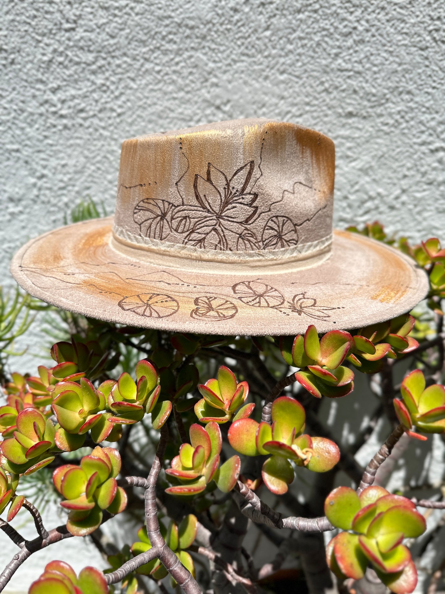 Lucky Koi hat fedora hand engraved, custom, one of a kind, wide brim, unisex hat
